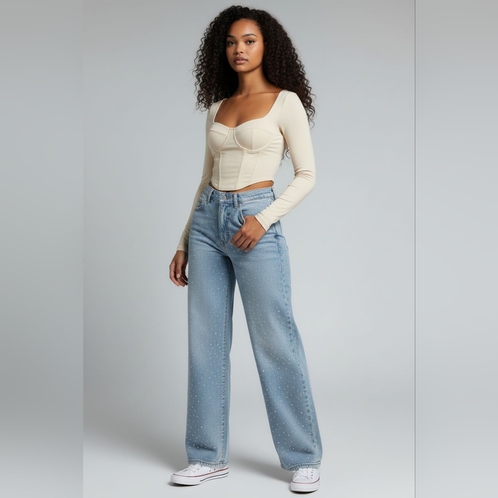 Women’s Rhinestone Wide Leg Jeans Slim Fit Embellished High Waist Denim Y2K S:28